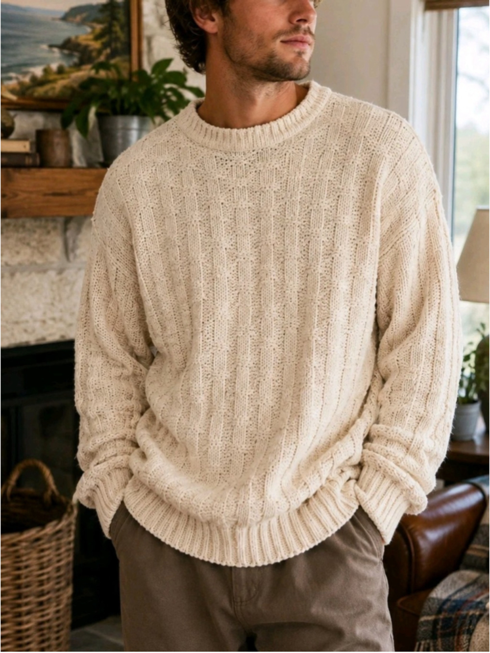 VTG TLC Lambert Mens XL Sweater Cream 100% Cotton Open Knit Made USA Oversized